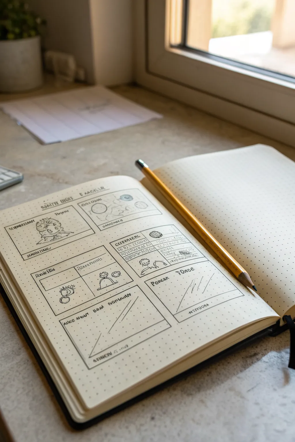 Use a four-panel grid to sketch setup, problem, climax, and resolution in minutes.