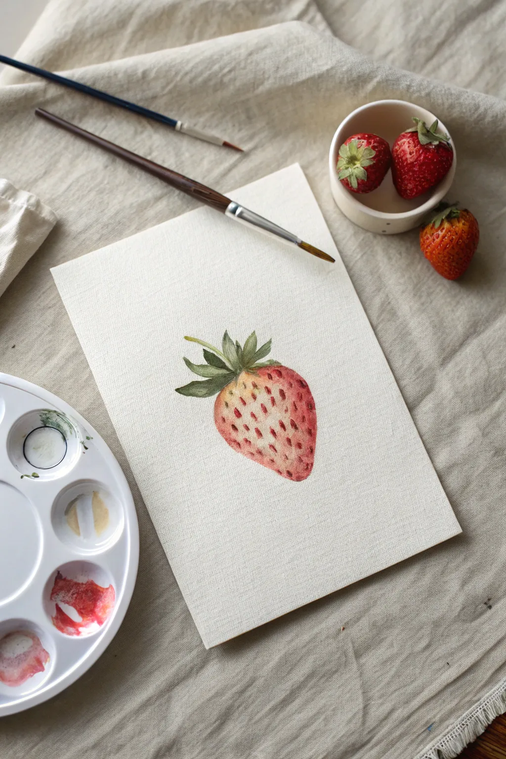 Classic watercolor strawberry study with brush and red wash, minimalist and inviting.
