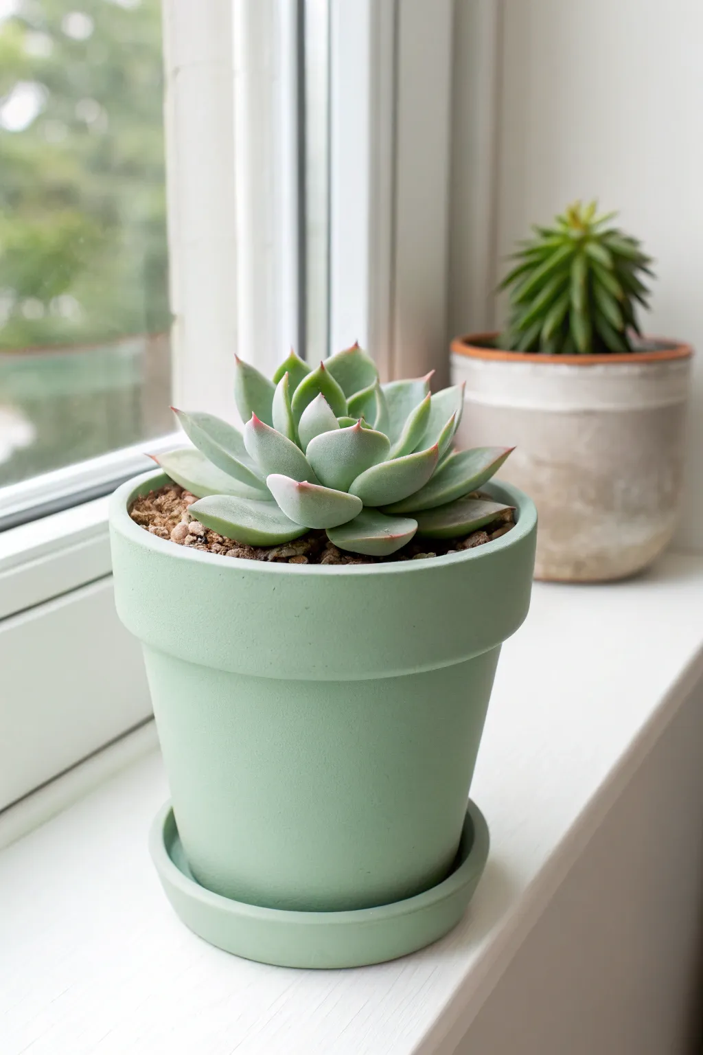Classic solid-color makeover: a smooth matte sage pot that elevates a simple succulent