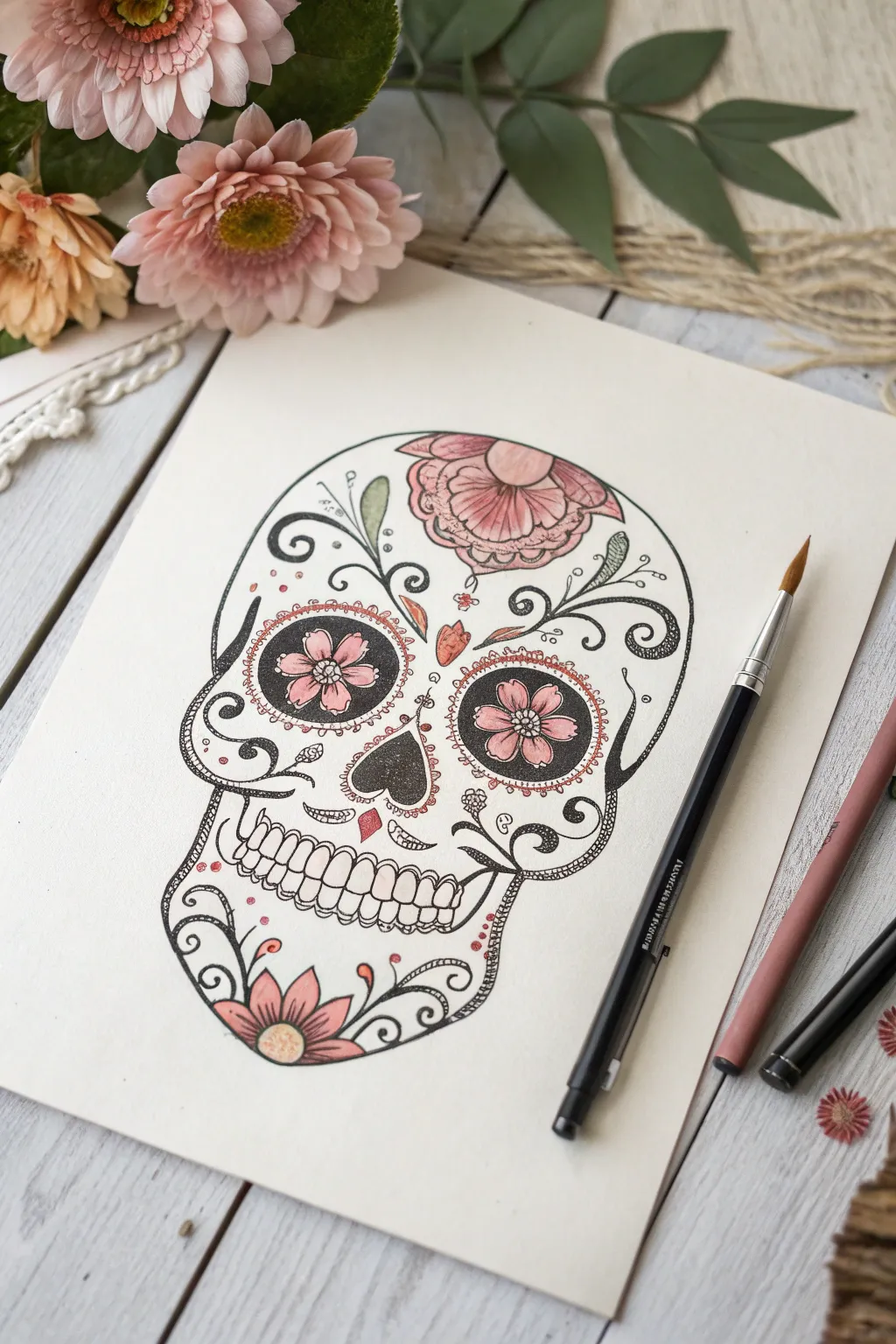 Classic symmetrical sugar skull with mirrored florals, clean linework, and soft boho color accents.