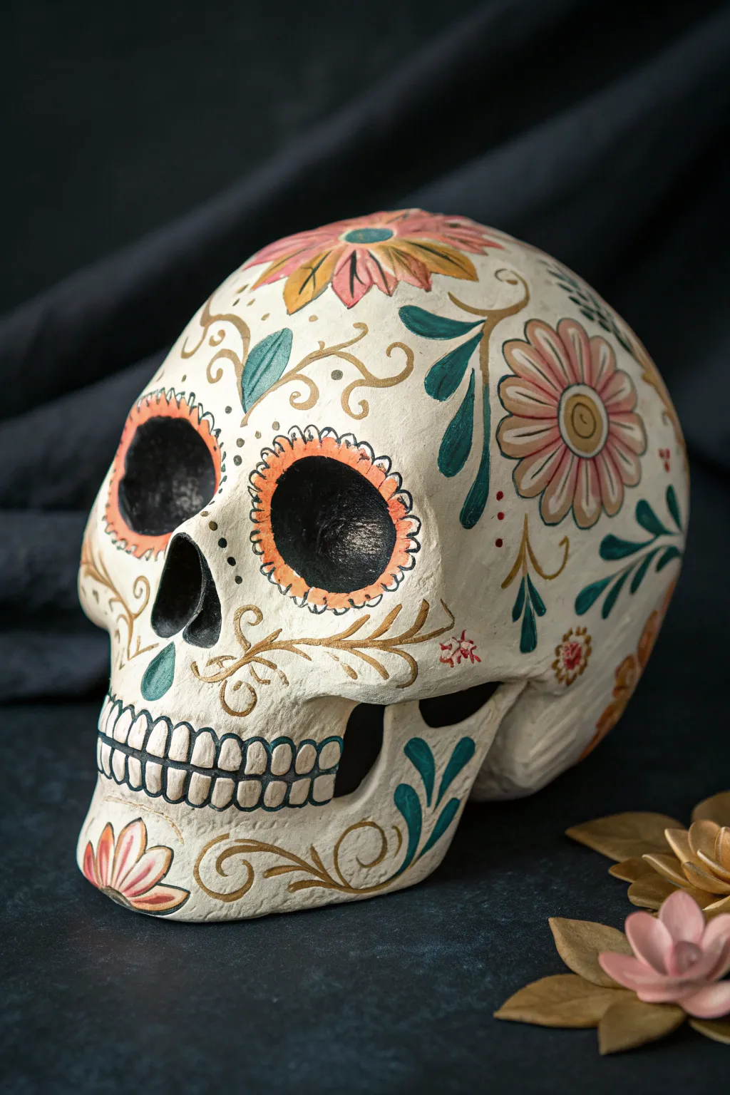 Classic symmetrical sugar skull with luminous details on a deep indigo black backdrop