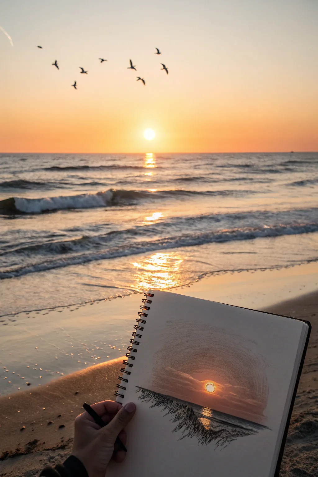 Minimal beach sunset sketch: bold sinking sun, soft waves, and birds in silhouette.