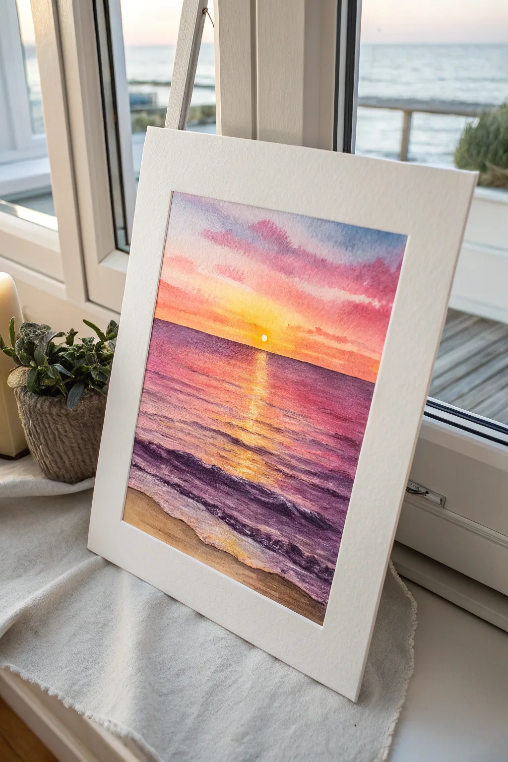 Paint a serene ocean sunset with a smooth yellow to pink to violet gradient and mirror-calm water.