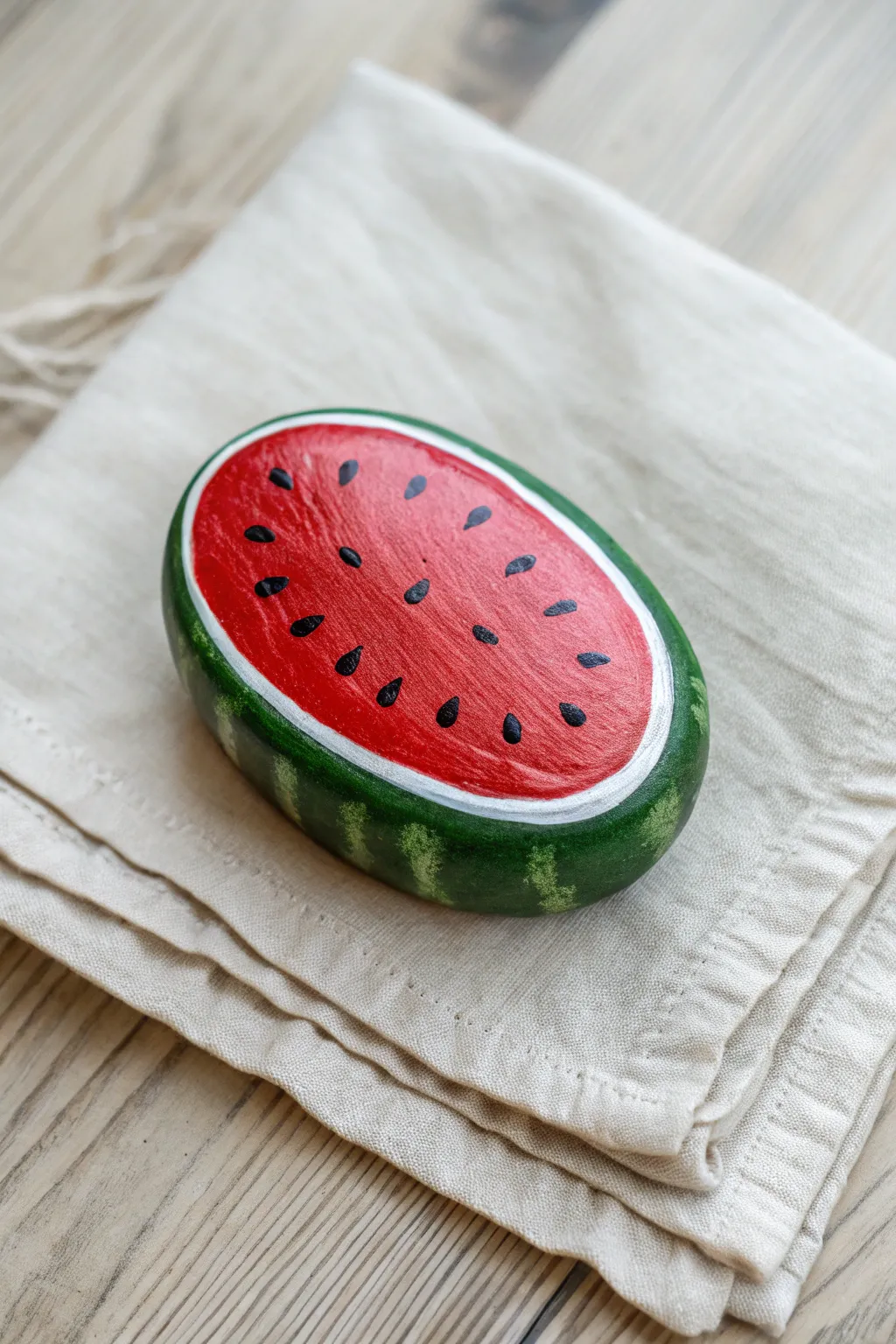 Fresh summer rock painting: a crisp watermelon wedge on smooth stone, picnic ready