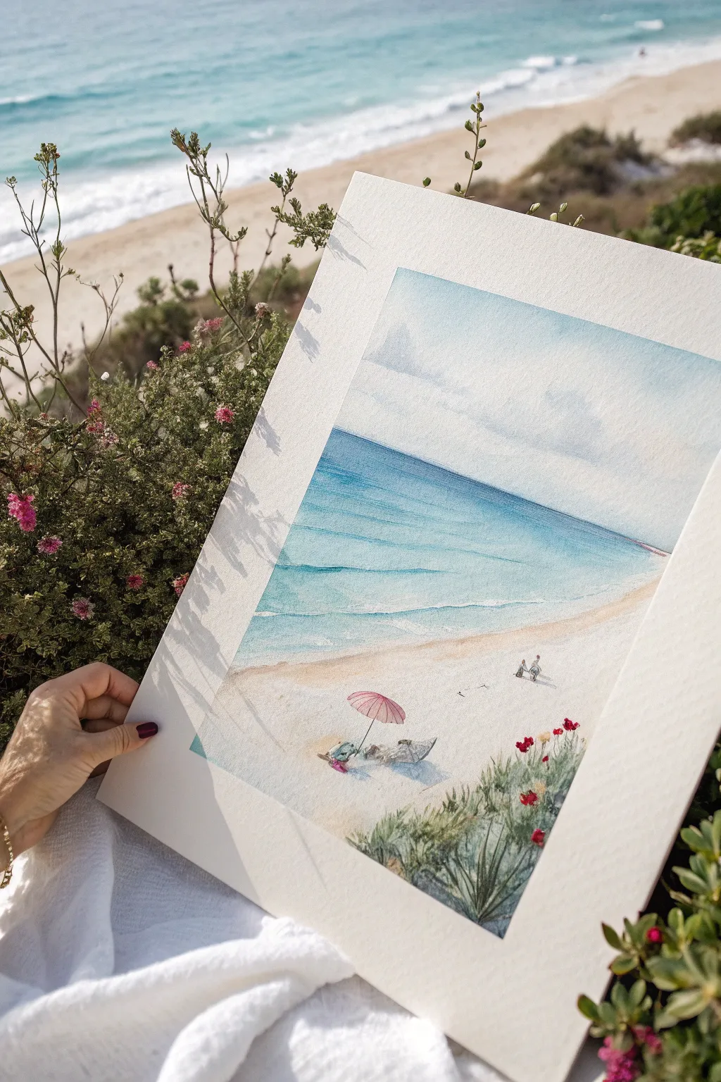 Sunlit beach horizon in simple watercolor layers, soft sand and blues with a tiny umbrella hint