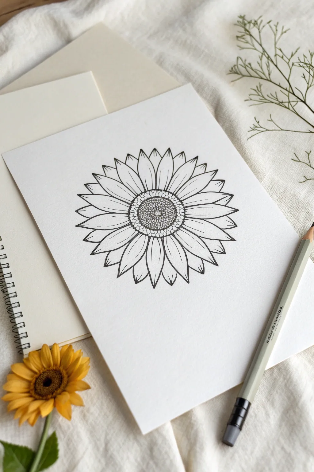 Minimal sunflower line art with faint guide lines, crisp black ink on clean white paper