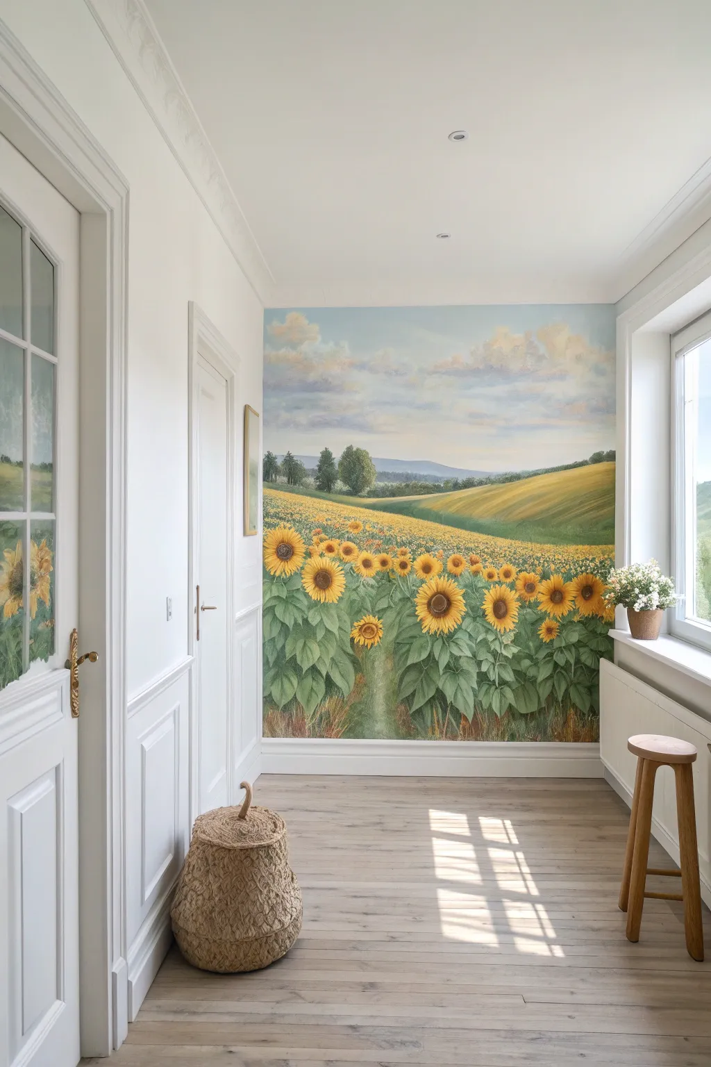 Classic sunflower field mural with a low horizon and soft blue sky that makes the room feel larger
