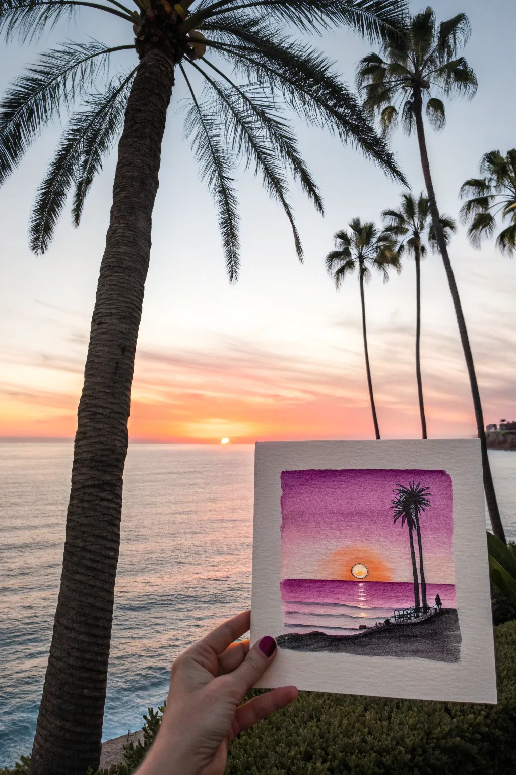 Minimal sunset beach horizon with bold sun orb and palm silhouettes in dreamy gradient hues.