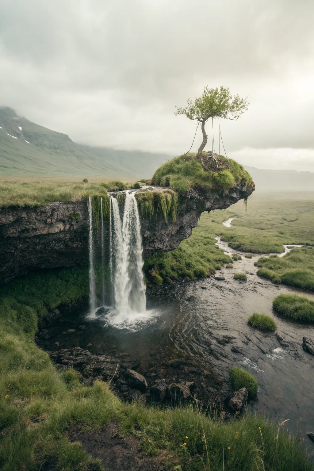 Surreal floating island cluster with tiny waterfalls and a connecting path, minimalist boho mood