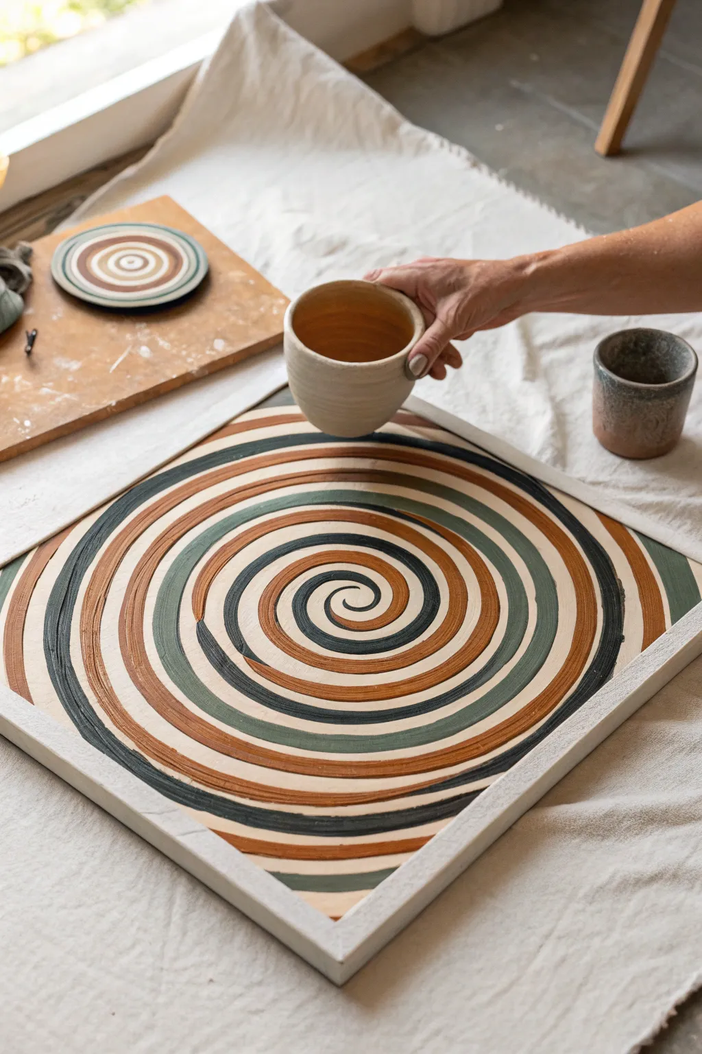 Classic cup-pour spiral with crisp concentric rings and glossy contrast on a clean square canvas