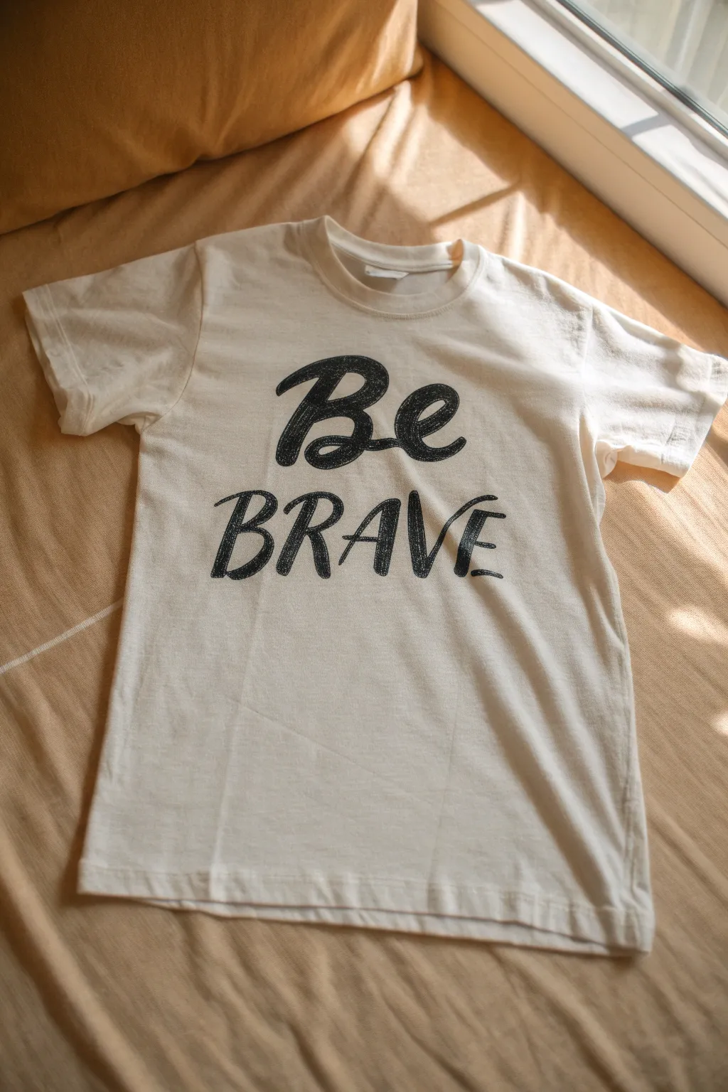 Minimal flat lay of a crisp tee with bold brush lettering, perfect for DIY T shirt art inspiration