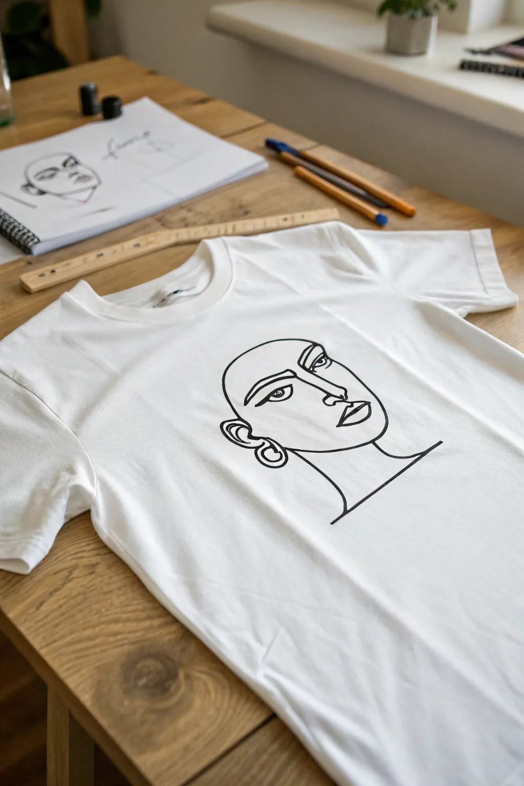 Minimalist line-art face on a plain tee, an easy T-shirt drawing idea with clean Nordic style