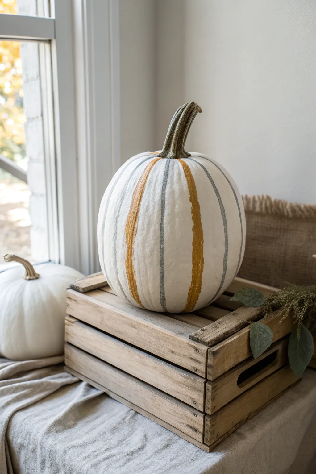Creamy tall pumpkin with muted vertical stripes for a classic minimalist farmhouse vibe