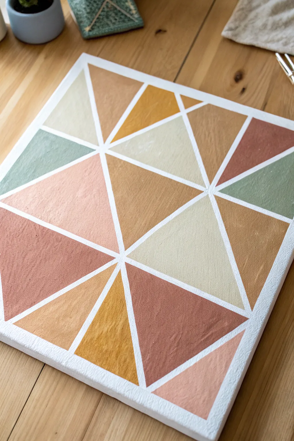 Classic tape resist grid with crisp white lines, soft boho colors, and satisfying peeled tape curls.