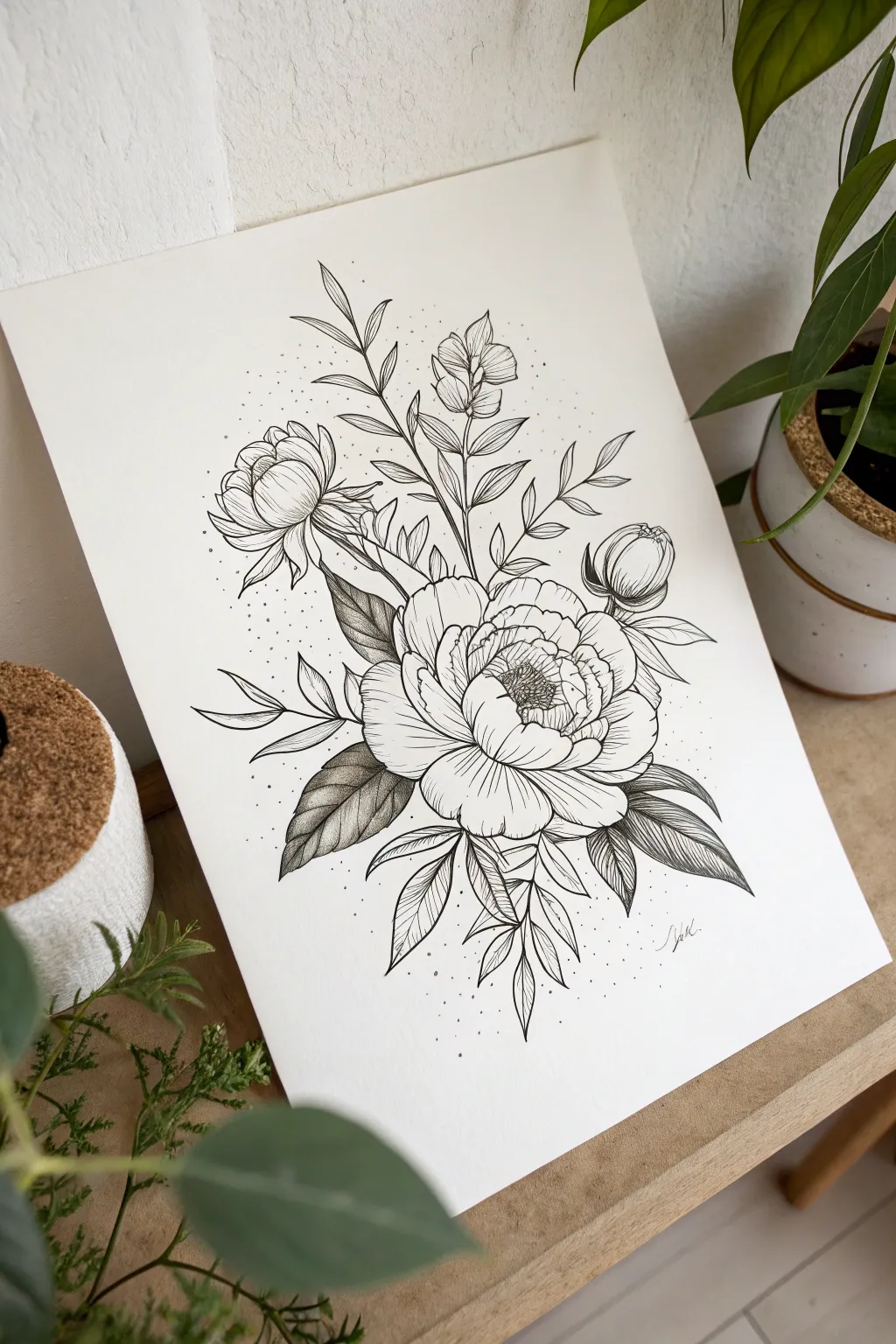 Fine-line peony bouquet tattoo sketch in minimalist black and grey linework with dotwork shading