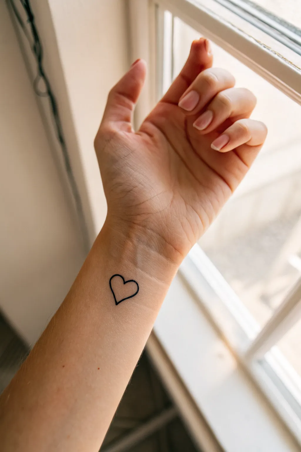 Tiny heart outline on the inner wrist, clean linework and soft light for minimalist love ink