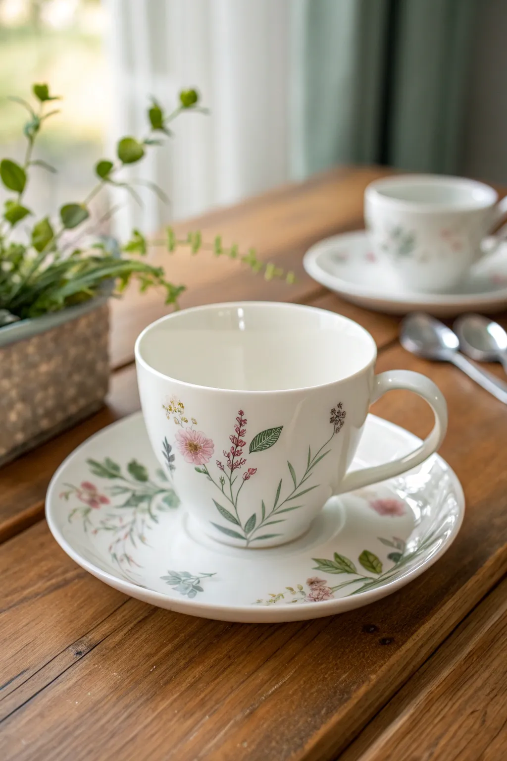 Classic wraparound wildflower tea cup design with matching saucer, crisp and calming