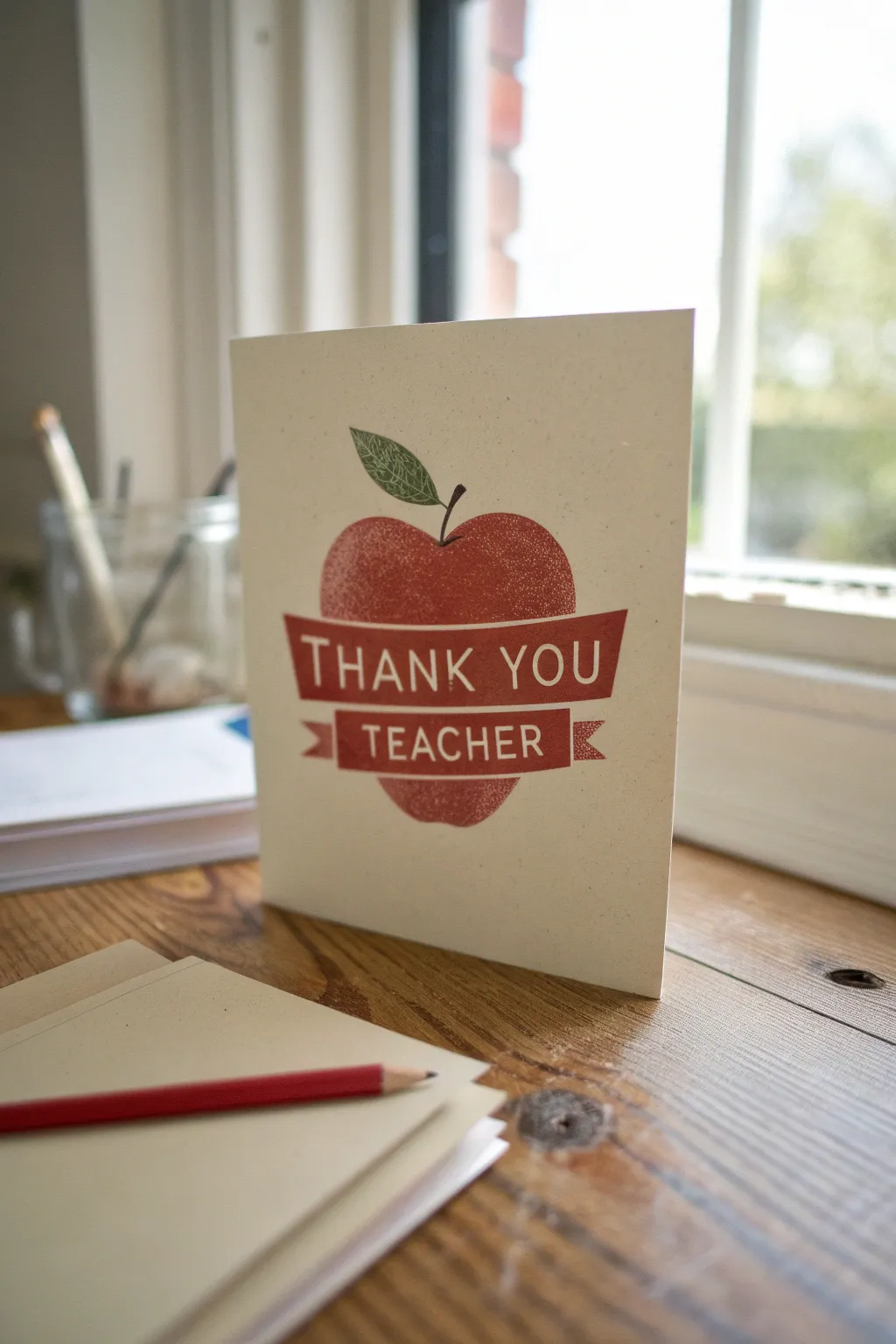 Classic red apple card front with bold hand lettering and tiny classroom doodles for teachers.