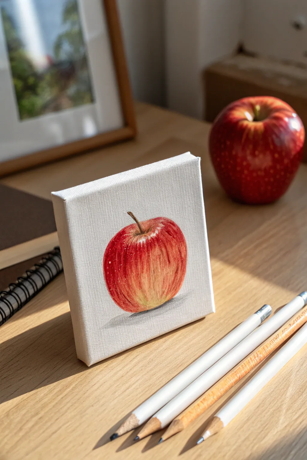 Classic red apple canvas for a teacher gift, minimalist and bright with clean Scandinavian desk styling