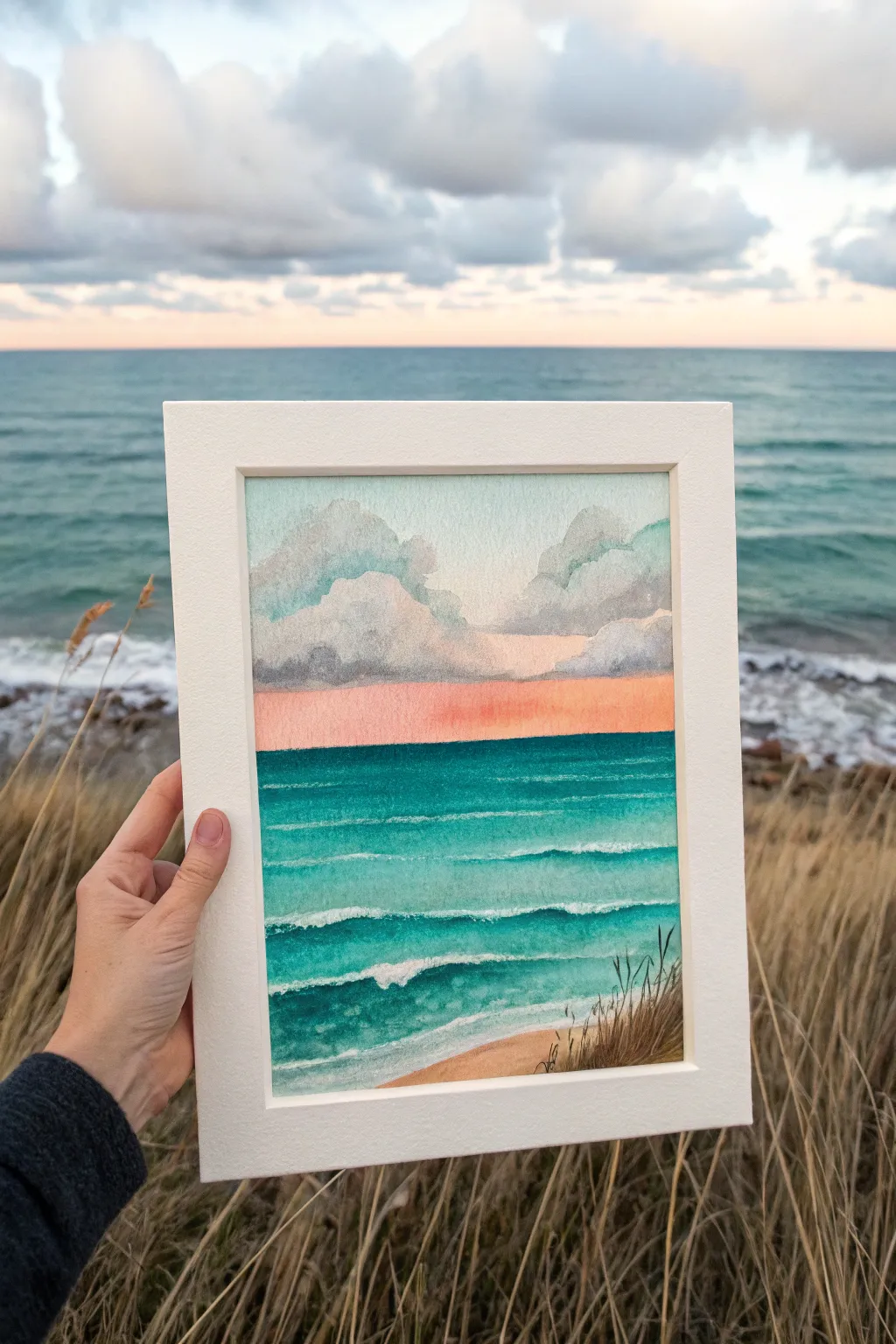 Minimal teal seascape with a glowing horizon and soft sunset clouds, calm and modern