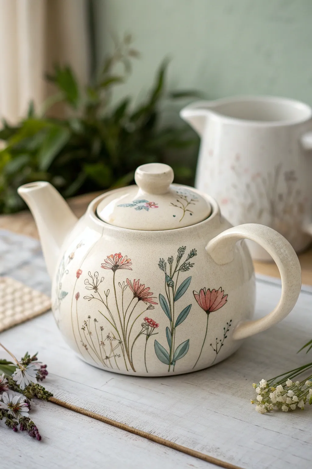 Classic wildflower wrap teapot for a soft, airy, minimalist-boho painting idea