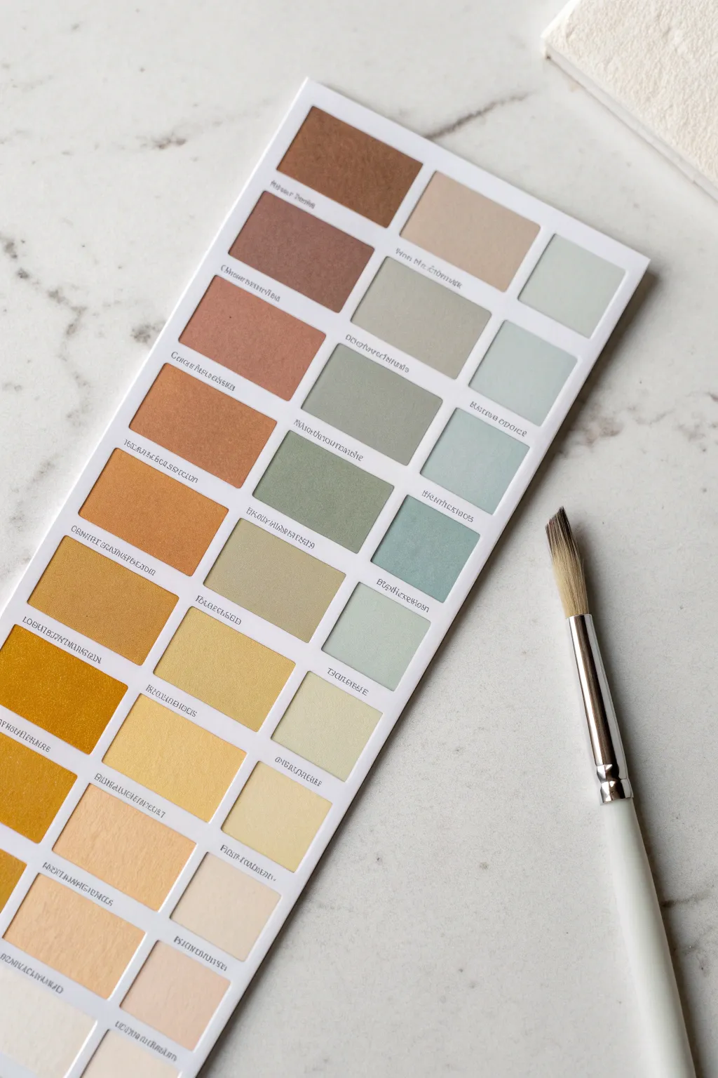 Minimal swatch card grid with tempera paint sticks, grouped into warm, cool, and neutral tones