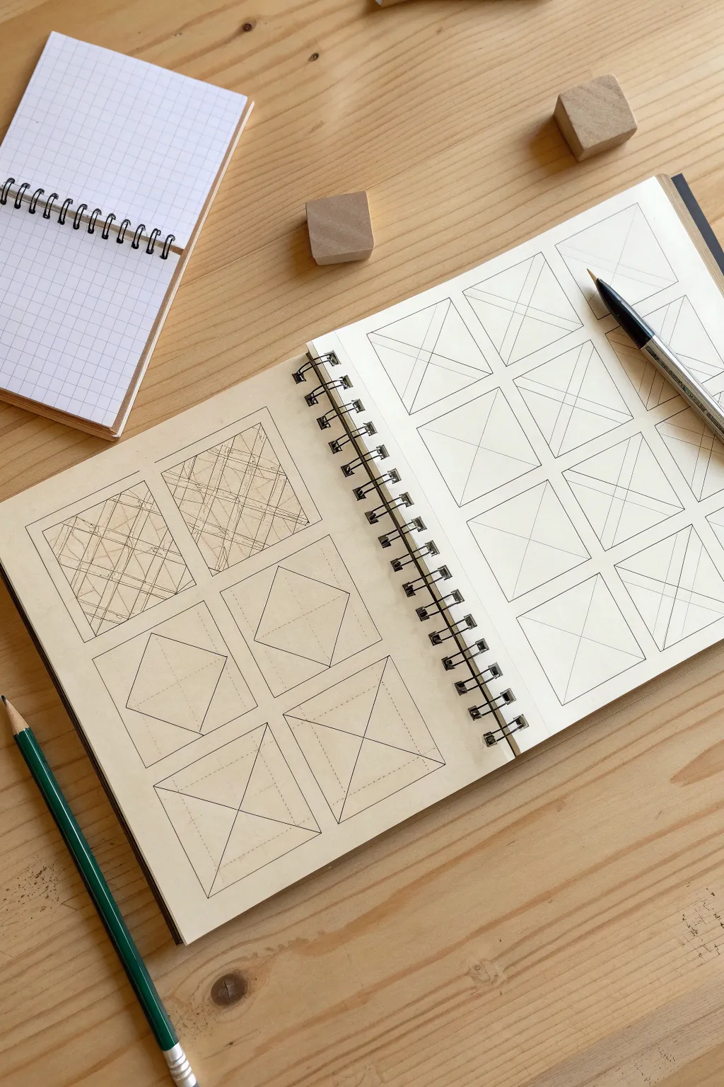 Classic square slide tessellation steps on one page, clean repeats and calming minimal style.