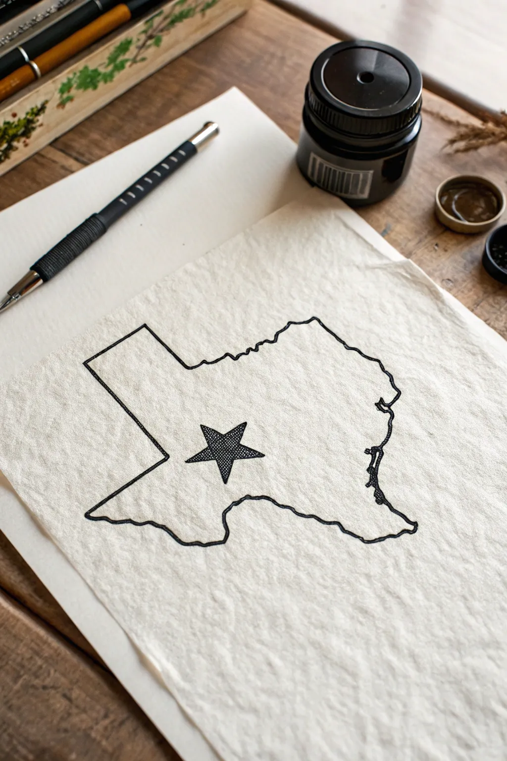 Minimal Texas outline with a single city star, clean high-contrast lines for an easy drawing idea