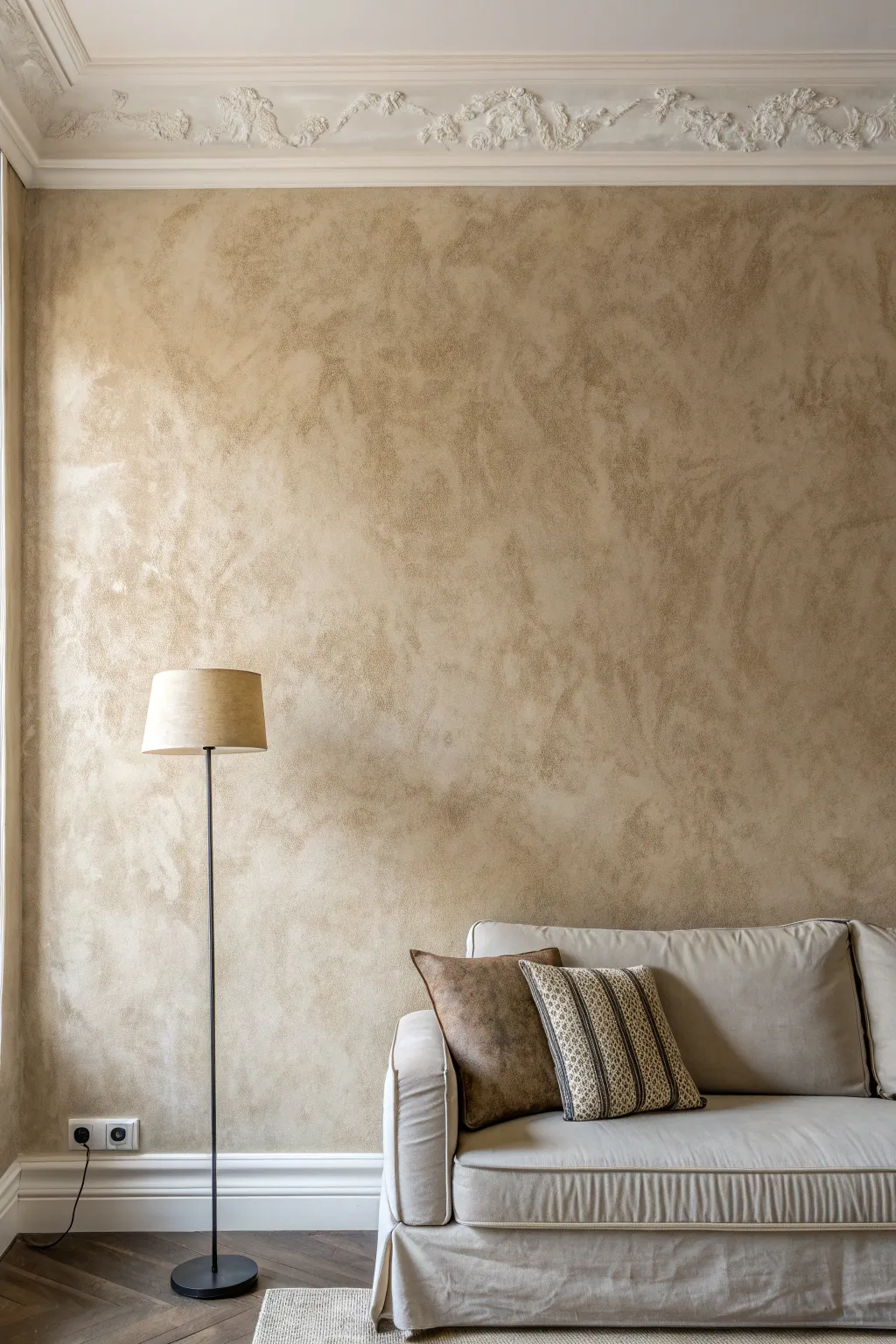 Classic knockdown texture brings soft modern depth to a neutral, minimalist feature wall.
