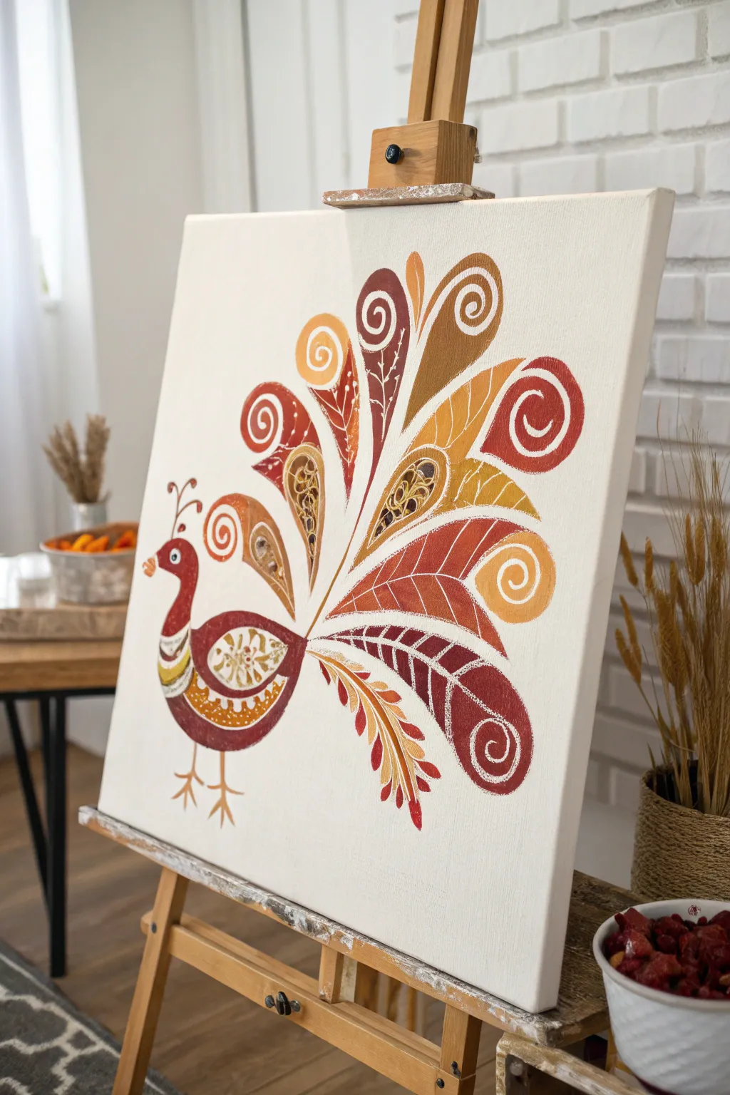Whimsical swirl-feather turkey in cozy fall tones, bold shapes, and minimalist Scandinavian charm.