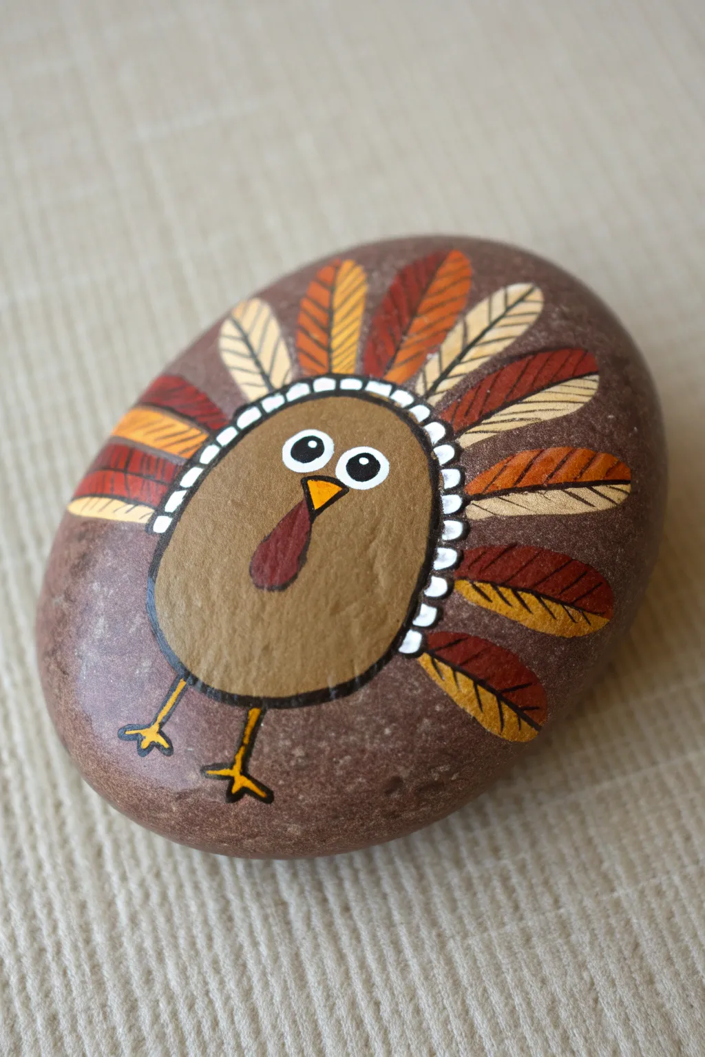 Paint a classic cute turkey on a smooth rock for an easy, cozy Thanksgiving craft.