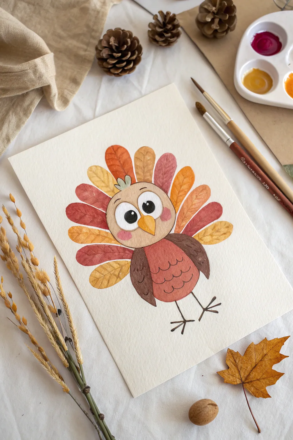 Easy oval-shape turkey painting idea in warm fall colors, minimal Scandinavian boho style.
