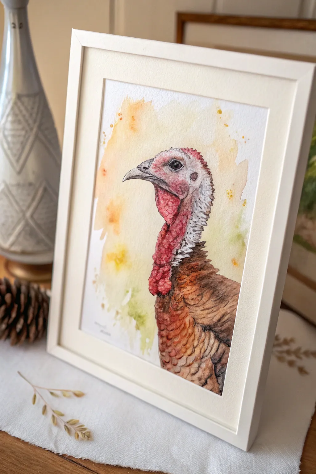 Classic turkey portrait in warm autumn watercolor tones, minimalist and cozy for Thanksgiving.