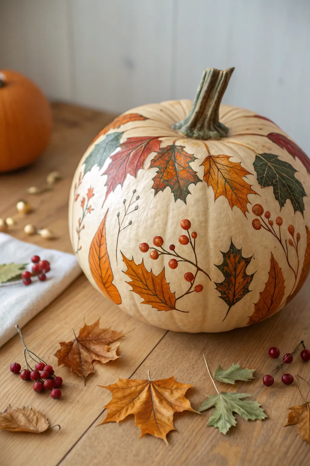 Classic pumpkin with maple leaf garland in rust and gold, perfect for Thanksgiving painting.