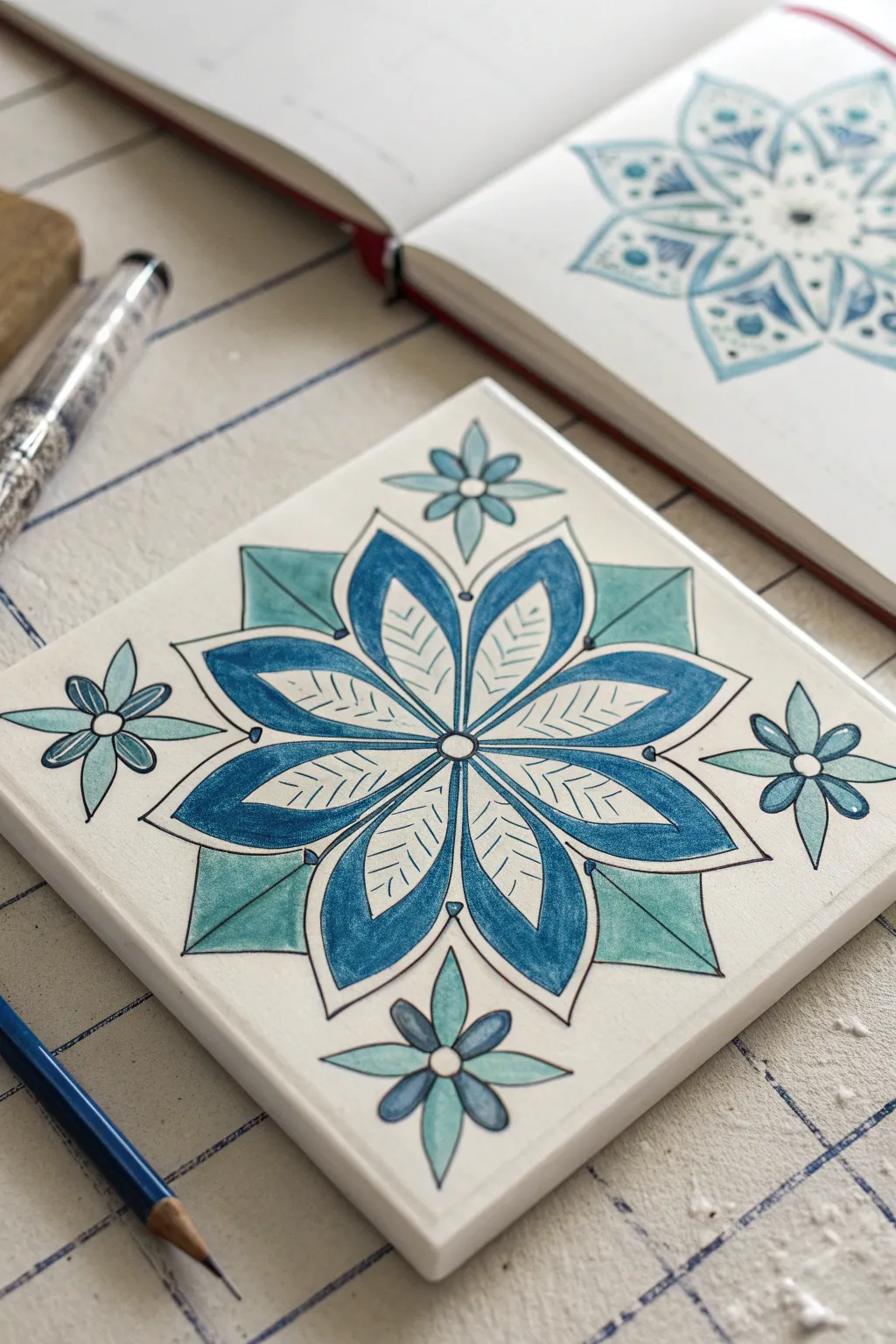 Azulejo-inspired tile sketch with crisp radial symmetry and a faint pencil grid guide