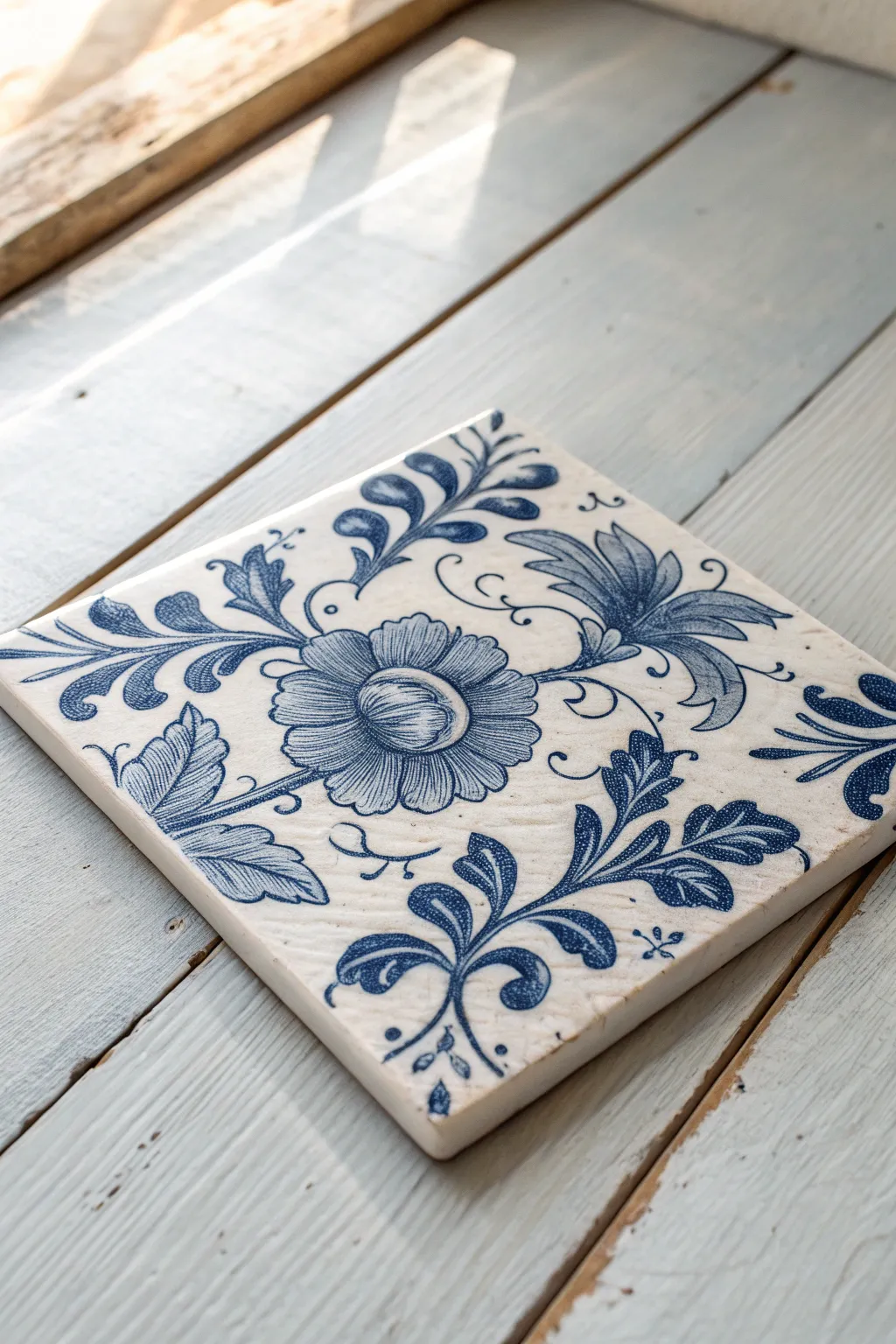 Timeless blue-and-white floral tile art with a handcrafted, minimalist studio vibe