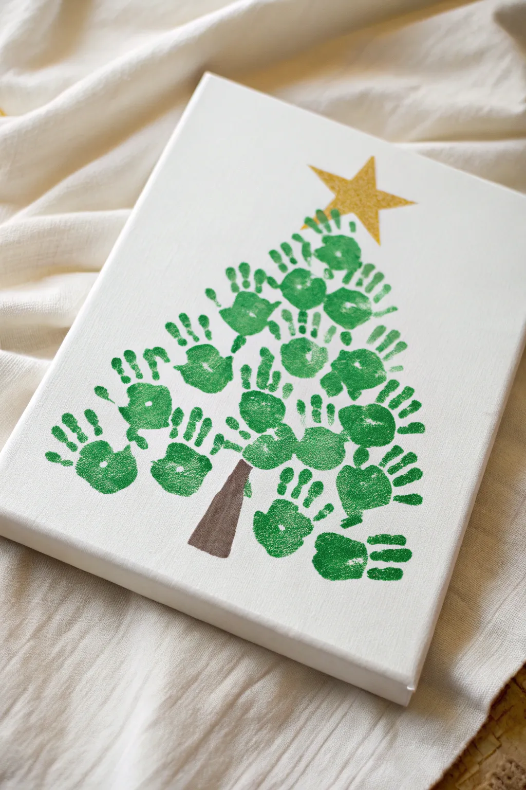Minimal handprint Christmas tree canvas, sweet toddler keepsake with Scandinavian boho warmth