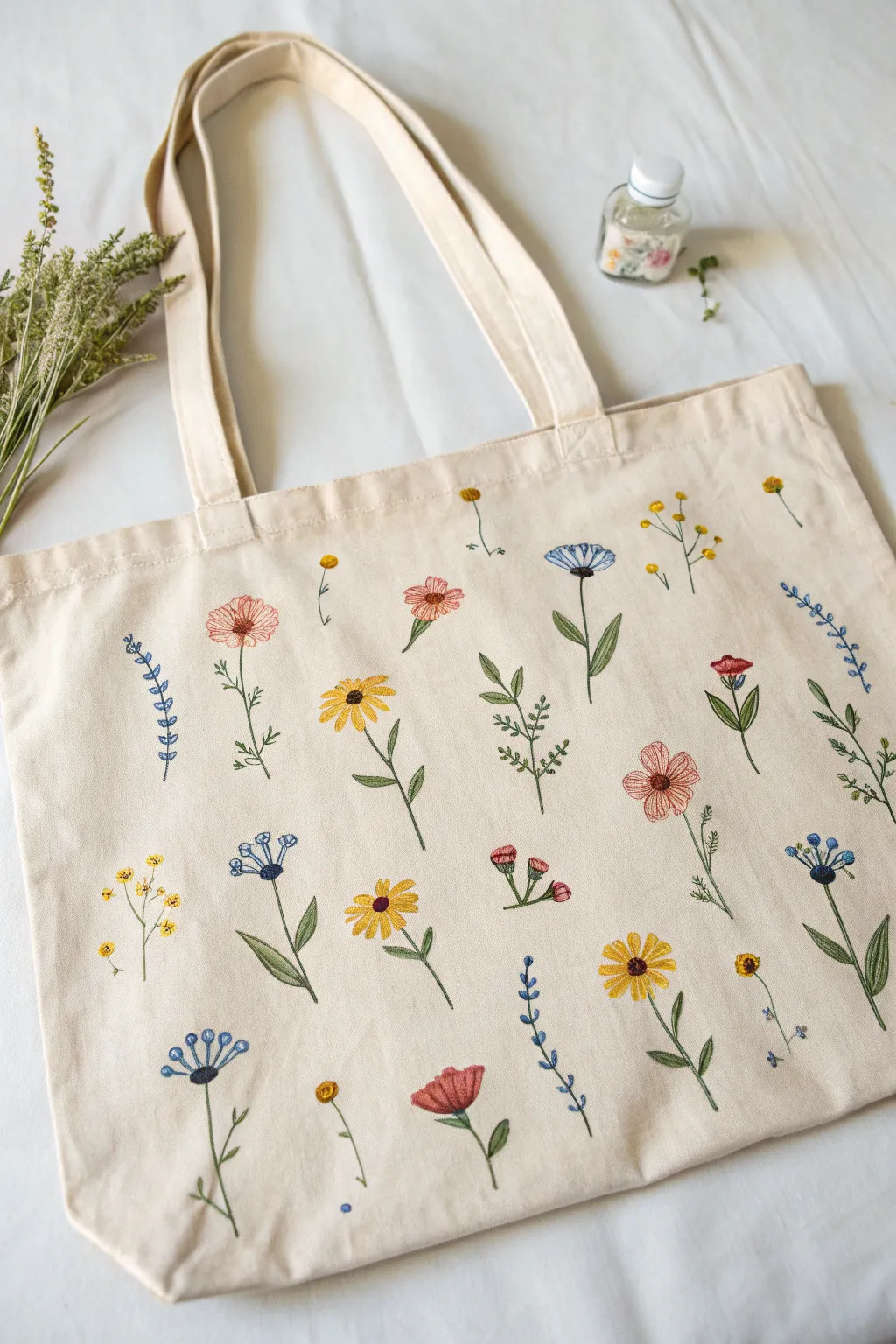 Paint a sweet wildflower scatter on a blank tote for an easy, cheerful DIY look today.