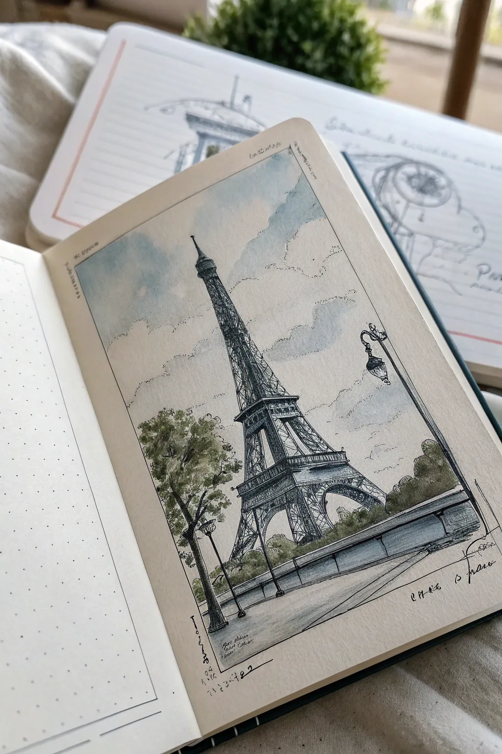 Postcard-style ink-and-wash landmark sketch for chic, minimalist travel painting inspiration