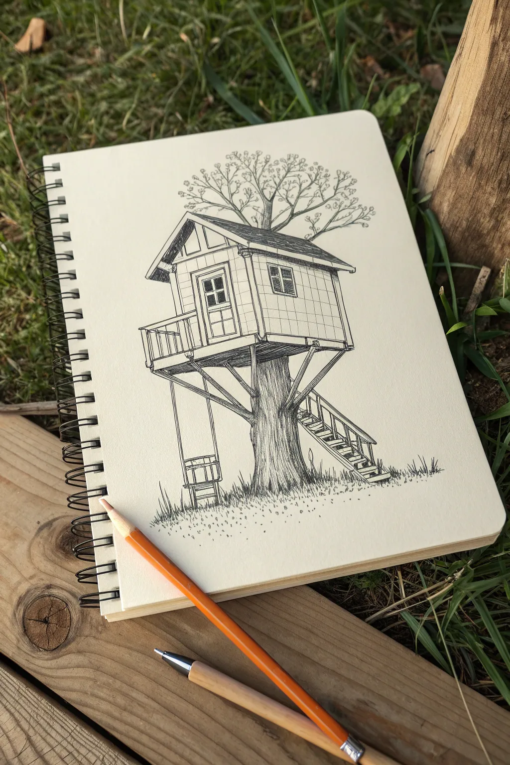 Classic backyard tree house sketch with simple lines, perfect for a cozy beginner drawing session.