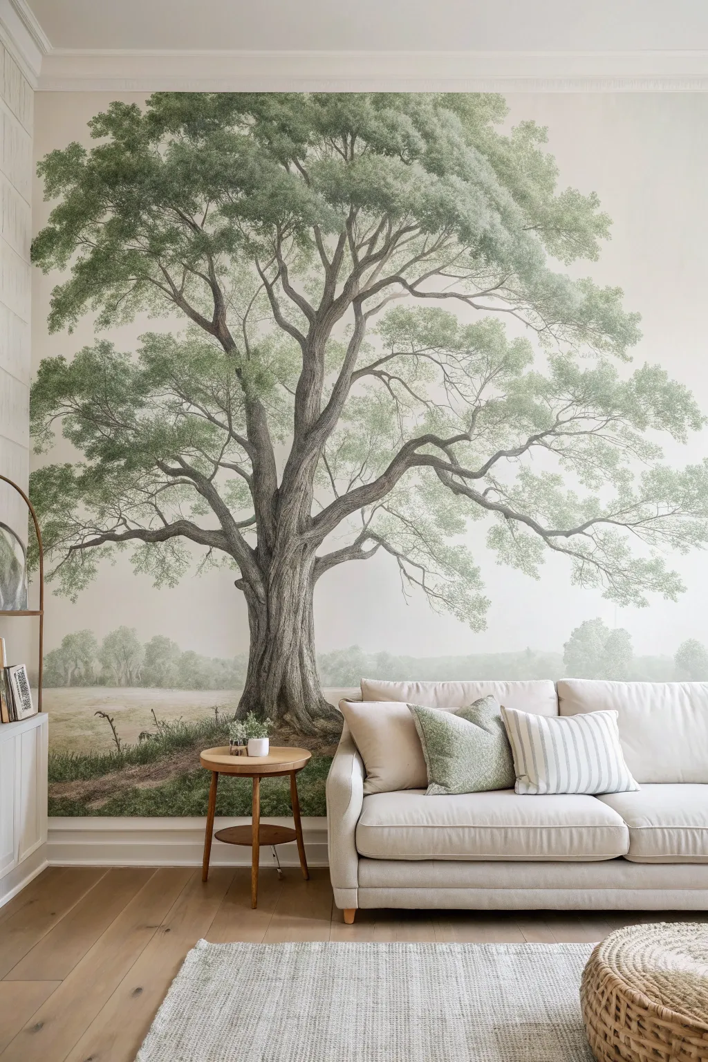 Classic feature wall tree mural with rich greens, soft shading, and calm Scandinavian boho style