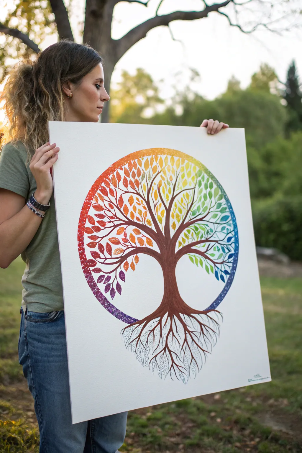 Rainbow canopy Tree of Life with dark trunk, clean backdrop, minimalist boho color pop.