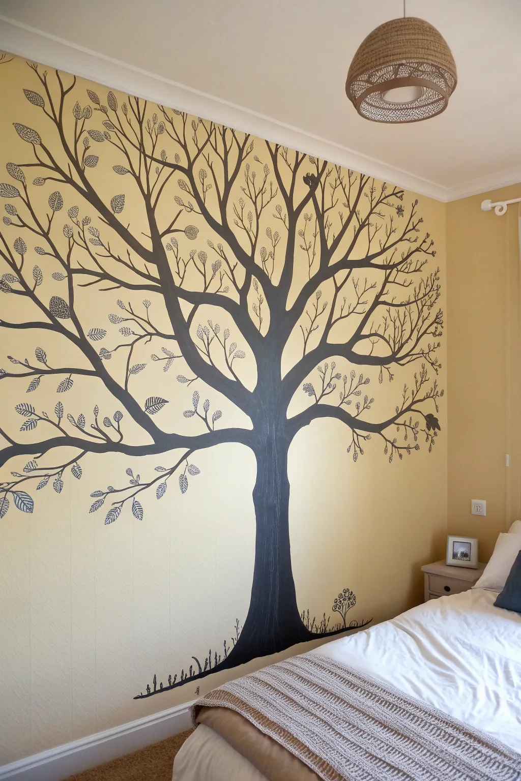 Bold tree silhouette mural: minimalist feature wall that instantly elevates a calm, cozy room.