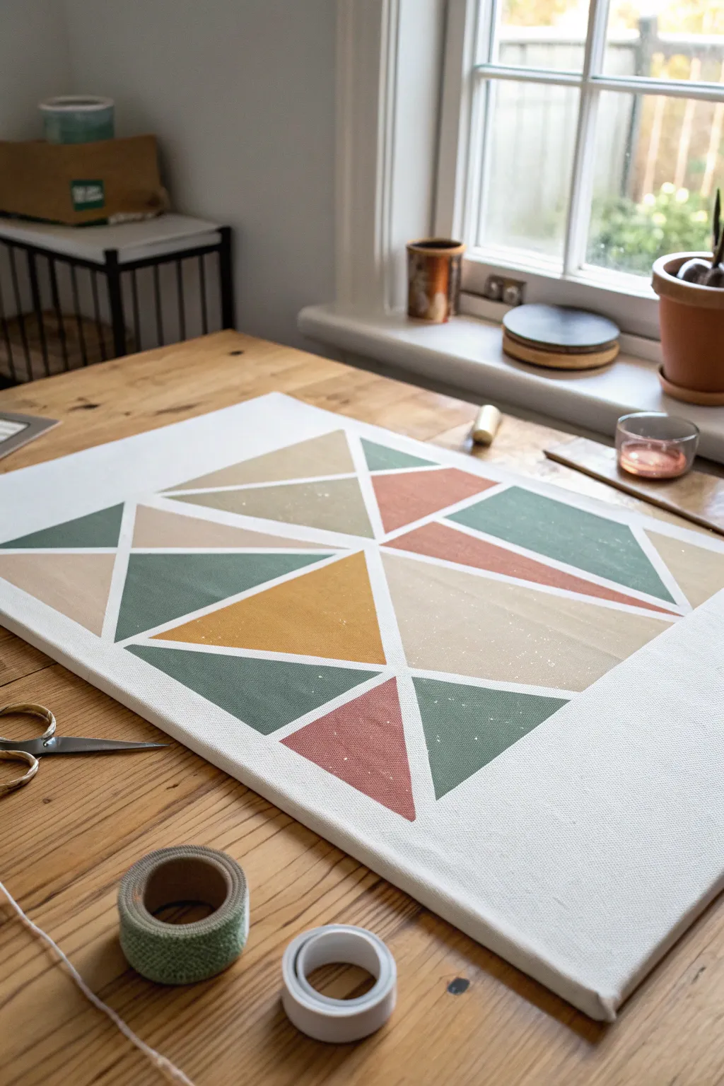 Tape-resist triangle color blocks with crisp white lines and bold boho tones, clean and modern.