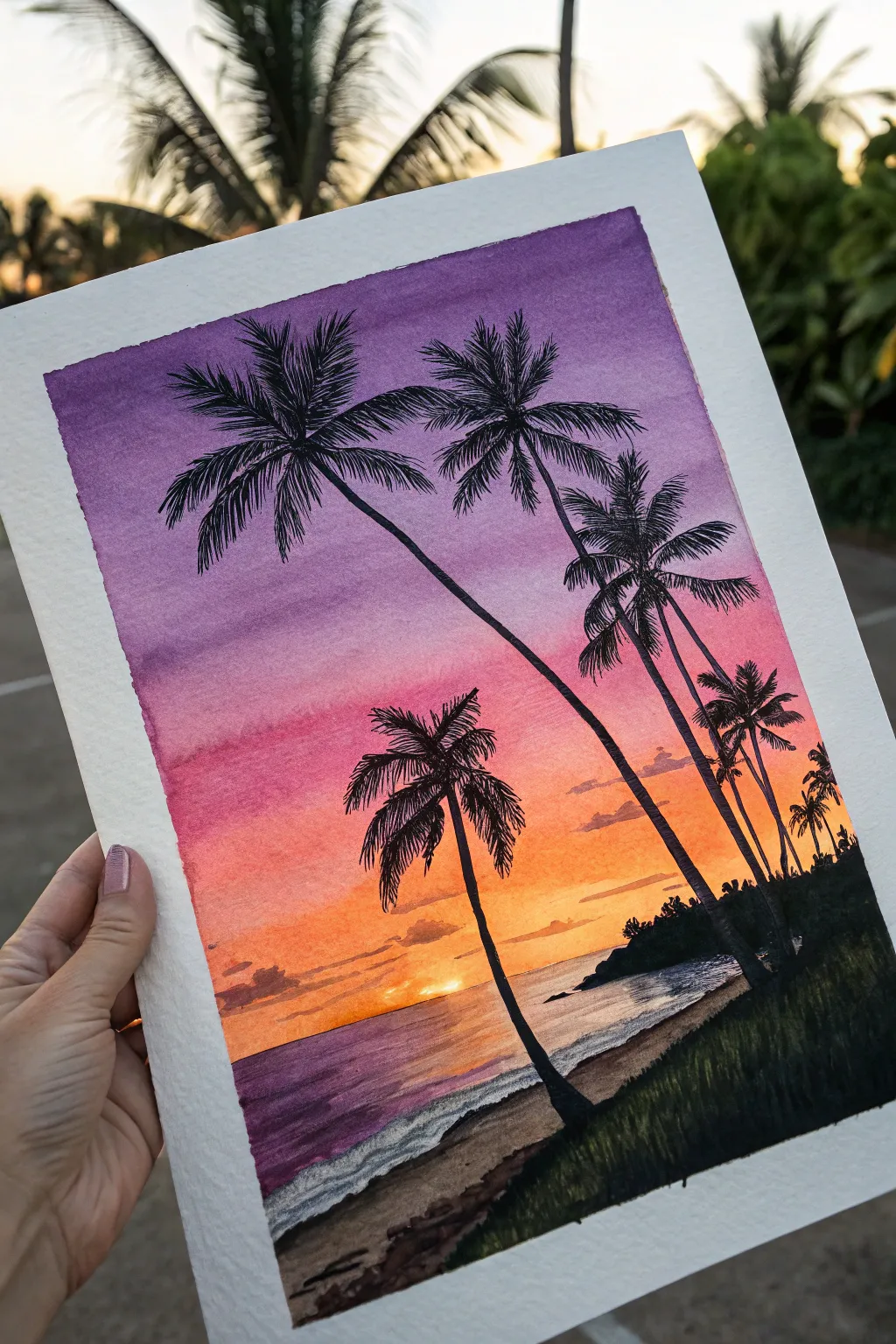 Palm tree sunset silhouettes in bold gradient hues, minimalist tropical vibe for easy painting