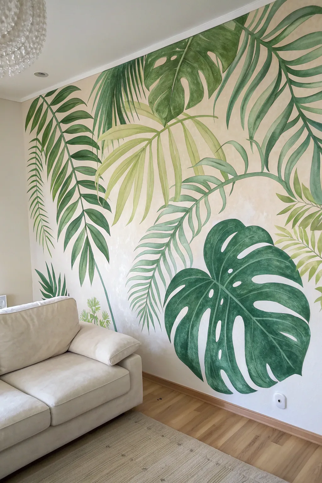 Oversized monstera and palm mural for an airy jungle-chic statement wall in minimalist style