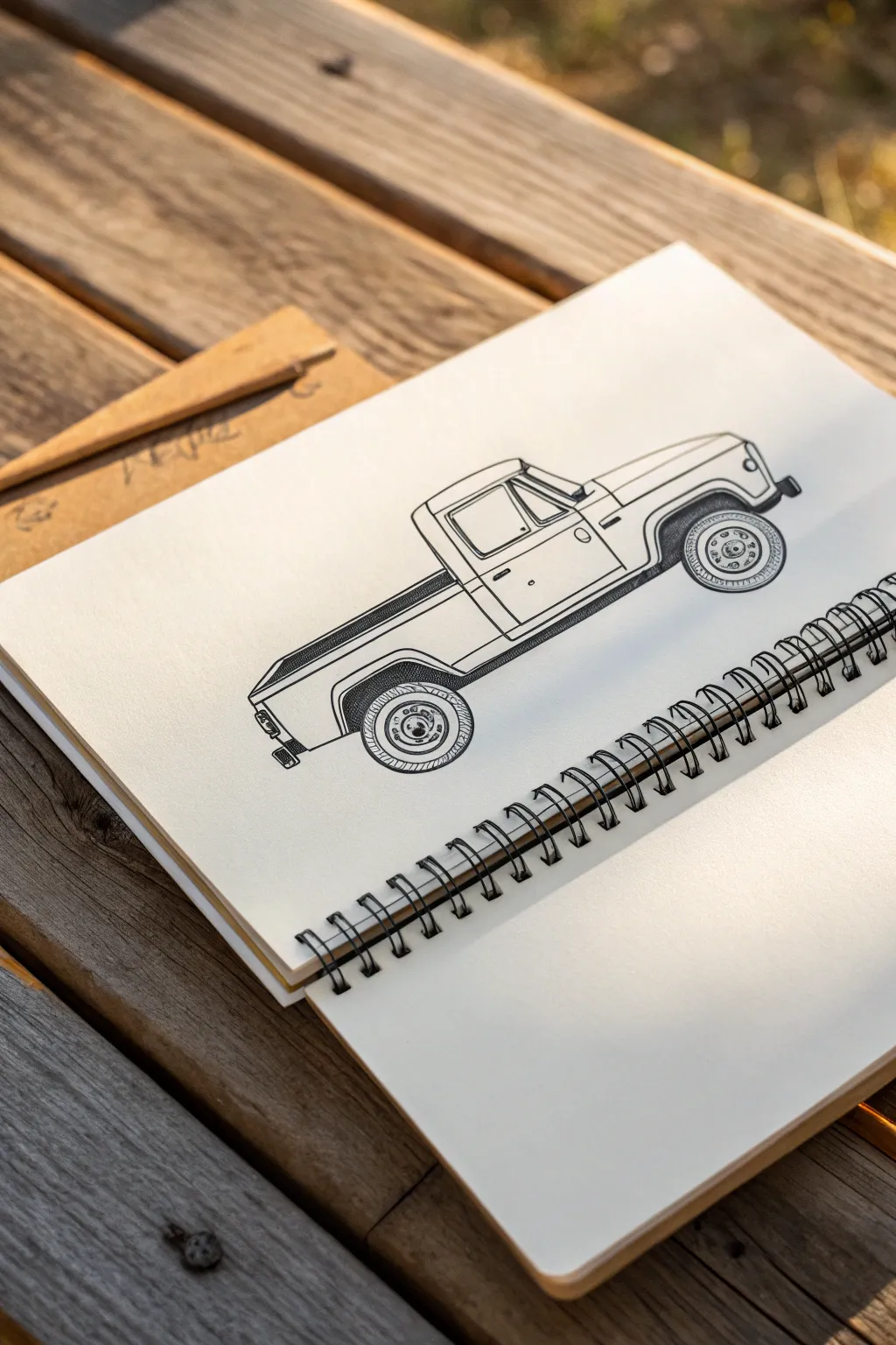 Minimal side-profile pickup sketch in simple shapes, crisp lines and high contrast for beginners