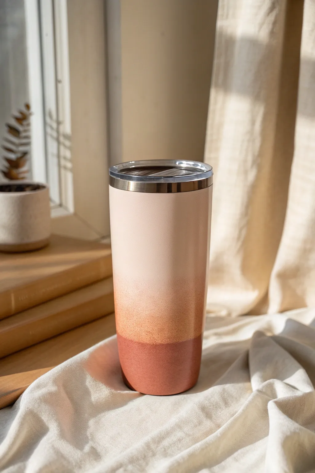 Classic ombre tumbler fade from blush to terracotta, clean rim and minimalist styling.