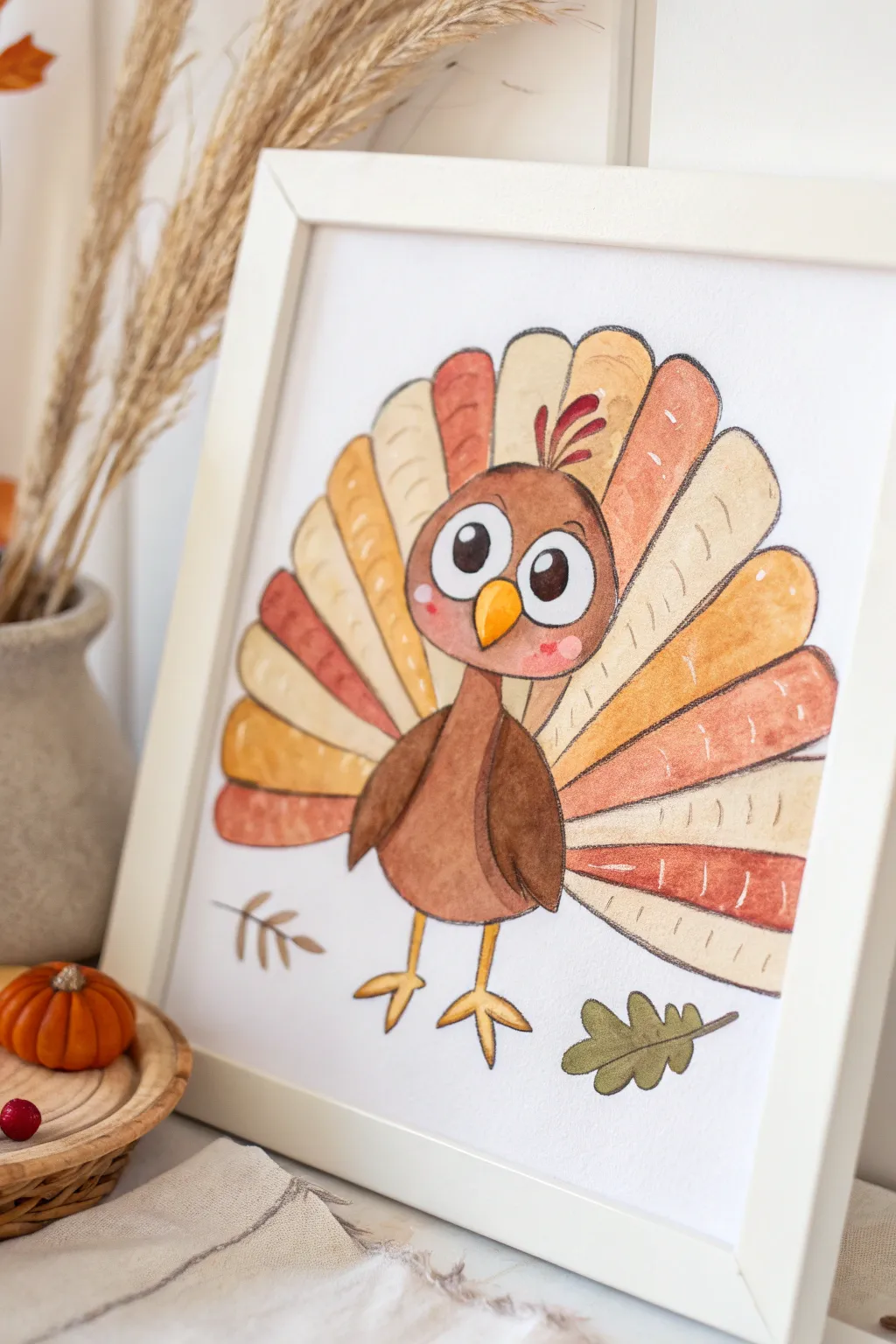 Cute big-eyed cartoon turkey with simple watercolor shapes and crisp contrast on clean white
