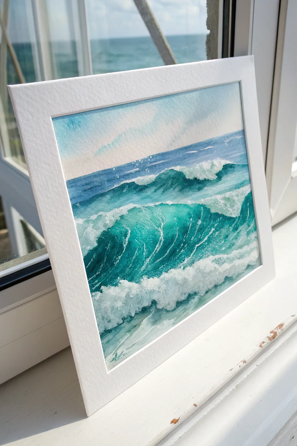 Paint turquoise ocean wave layers with foamy whites and deep blue shadows in a calm minimalist vibe